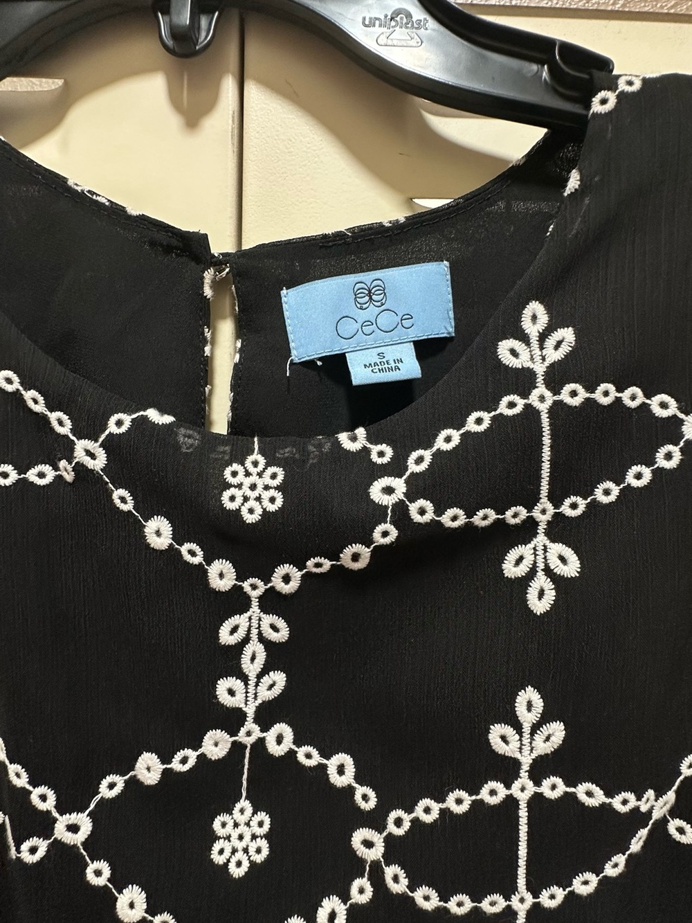 CeCe Black Blouse with White Embroidered Pattern and Ruffle Sleeves - Picture 2 of 5
